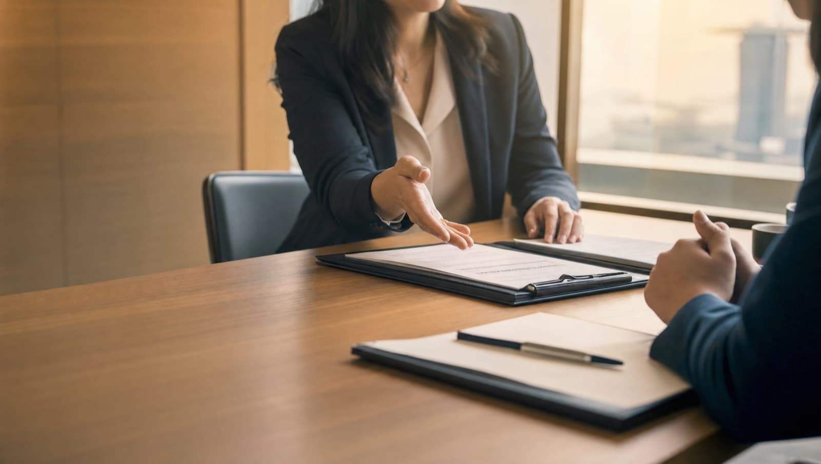 A Nuovo adviser talking a client through a set of documents across a desk, Singapore office light behind them